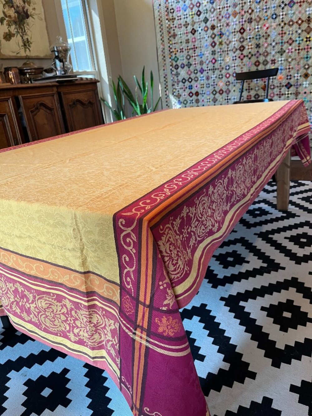 French Provencal Jacquard Woven Tablecloth 112 x 58 Cotton Yellow Red Orange